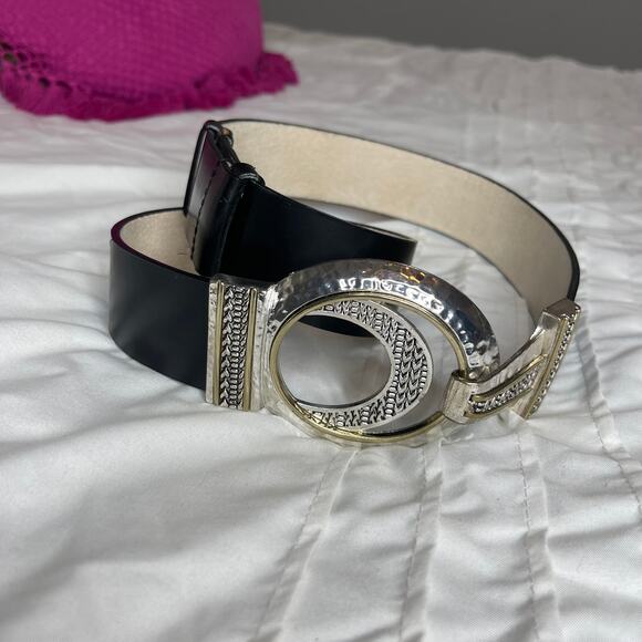 Chico's Genuine Leather Black Interlock Circle Statement Belt, S - Picture 1 of 6